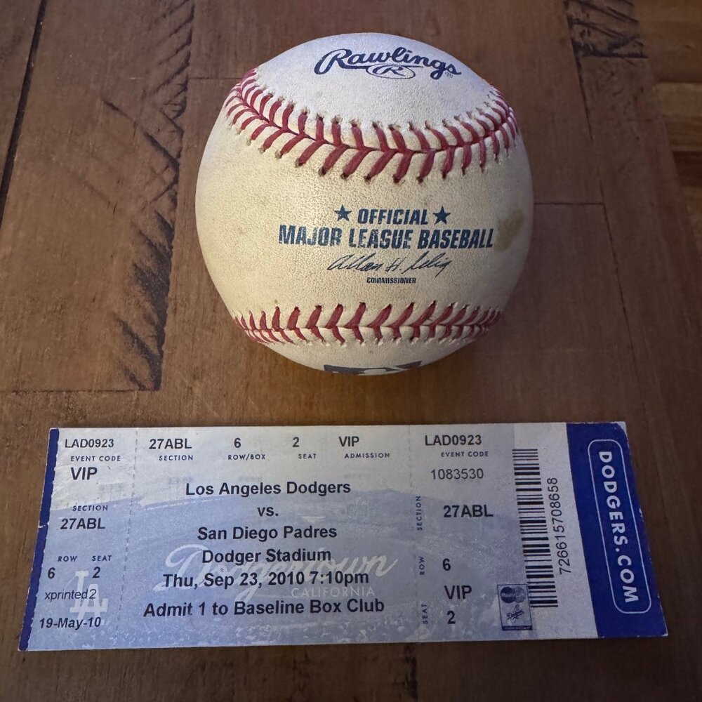 Foul Baseball From Dodgers vs Padres Game (9/23/10) Original Ticket Included